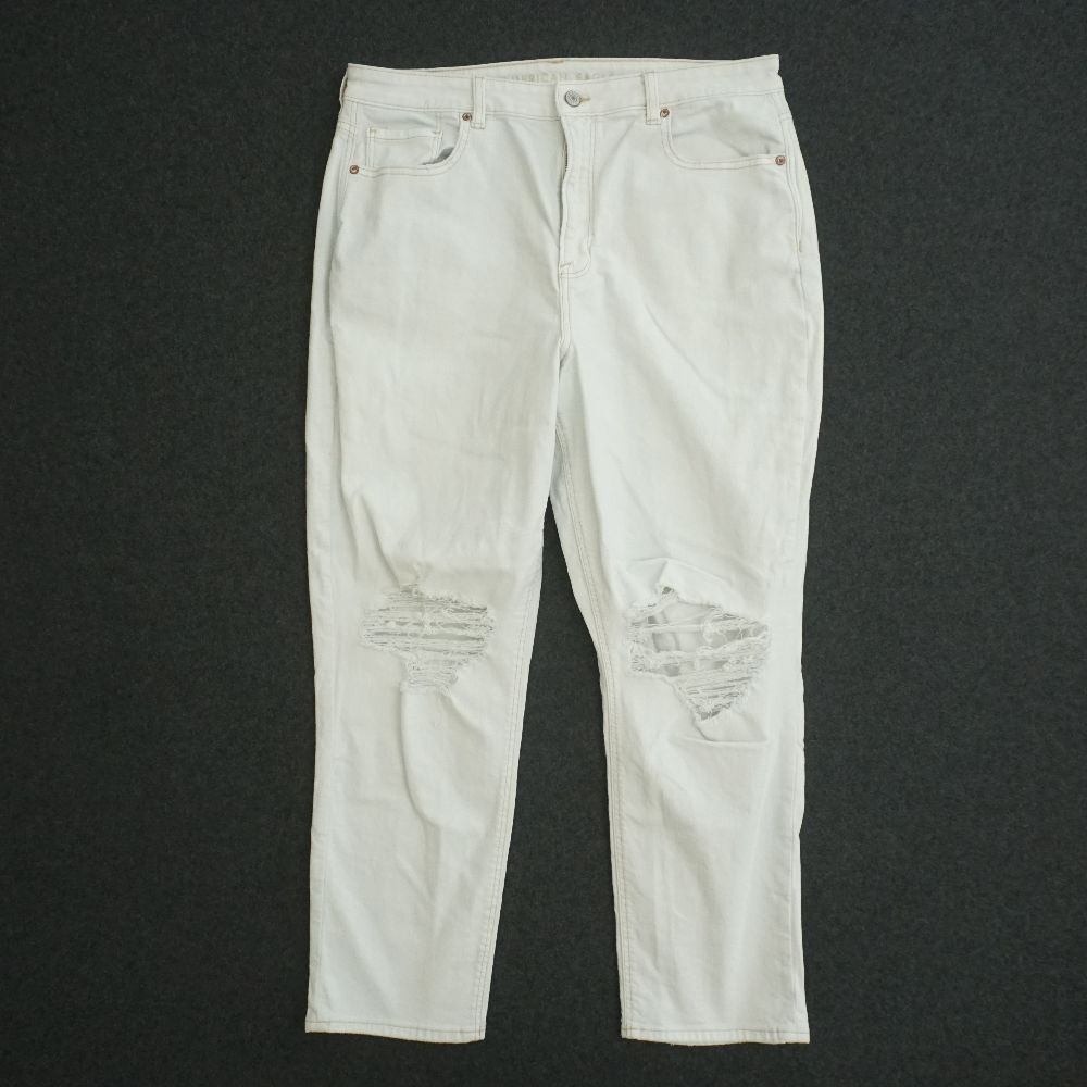 American Eagle Womens Mom Jeans Size 16R Regular Stretch Distressed Blue White